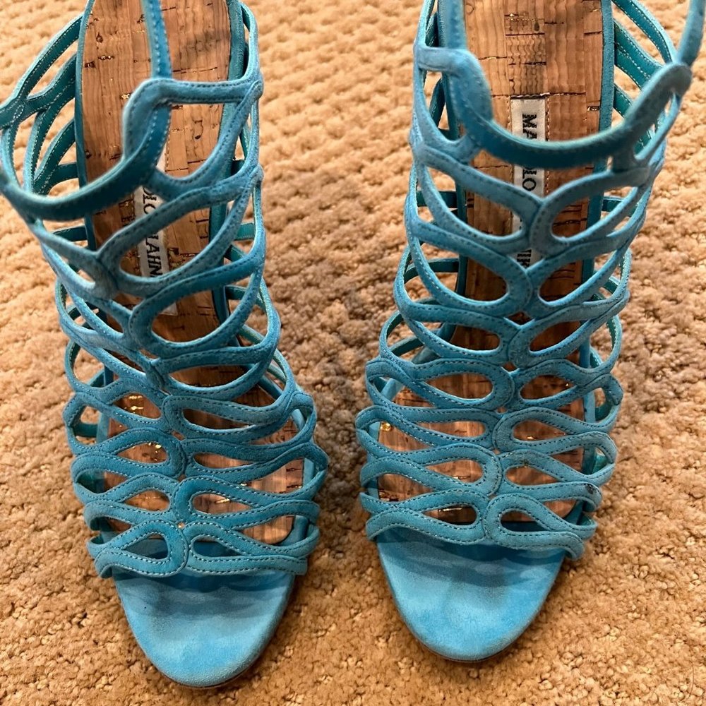 Baby's got MANOLO BLAHNIK  Teal Suede Multistrap Sandals Size: 7 | IT 37